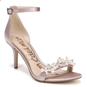 Sam Edelman Platt Satin Pearl Heels Ankle Strap Open Toe 9 1/2